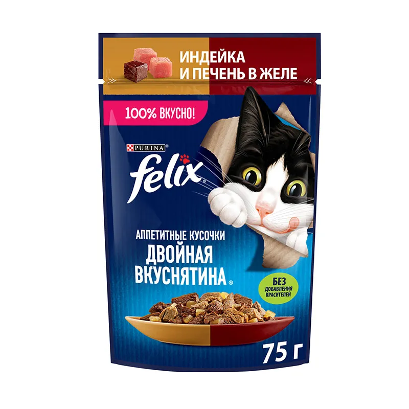 Felix Двойная вкуснятина для кошек (Индейка и печень в желе), 75 г