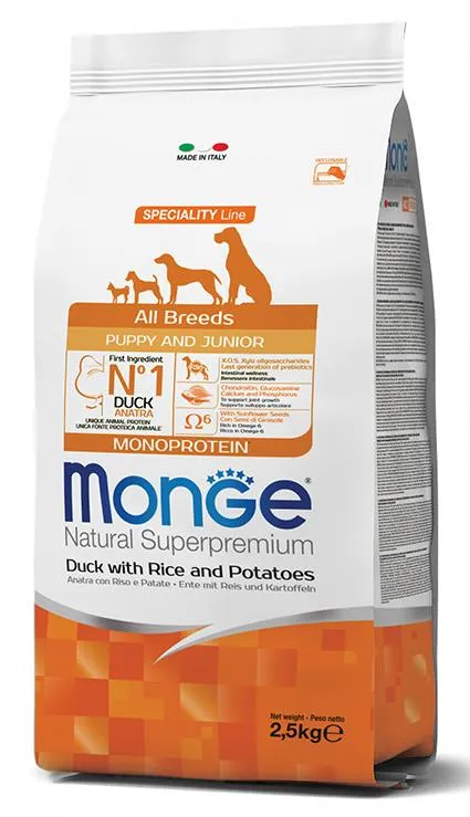 Monge Natural Superpremium All Breeds Puppy & Junior (Утка, рис, картофель), 2,5 кг