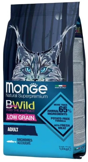 Корм Monge Cat Bwild Low Grain Adult (Анчоус) для кошек, 10 кг