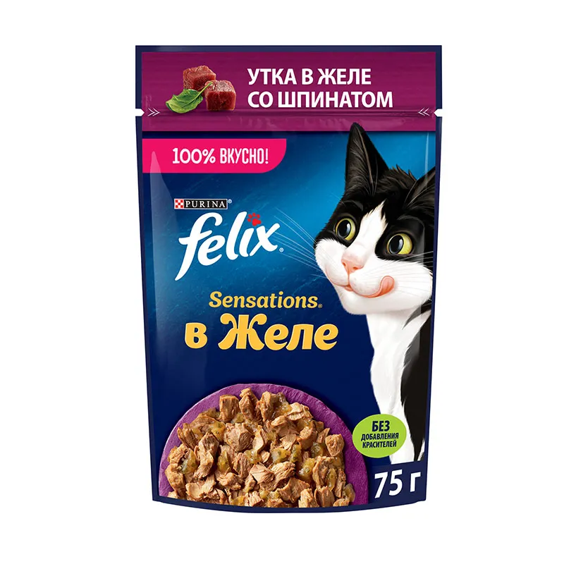 Felix Sensations для кошек (Утка со шпинатом в желе), 75 г