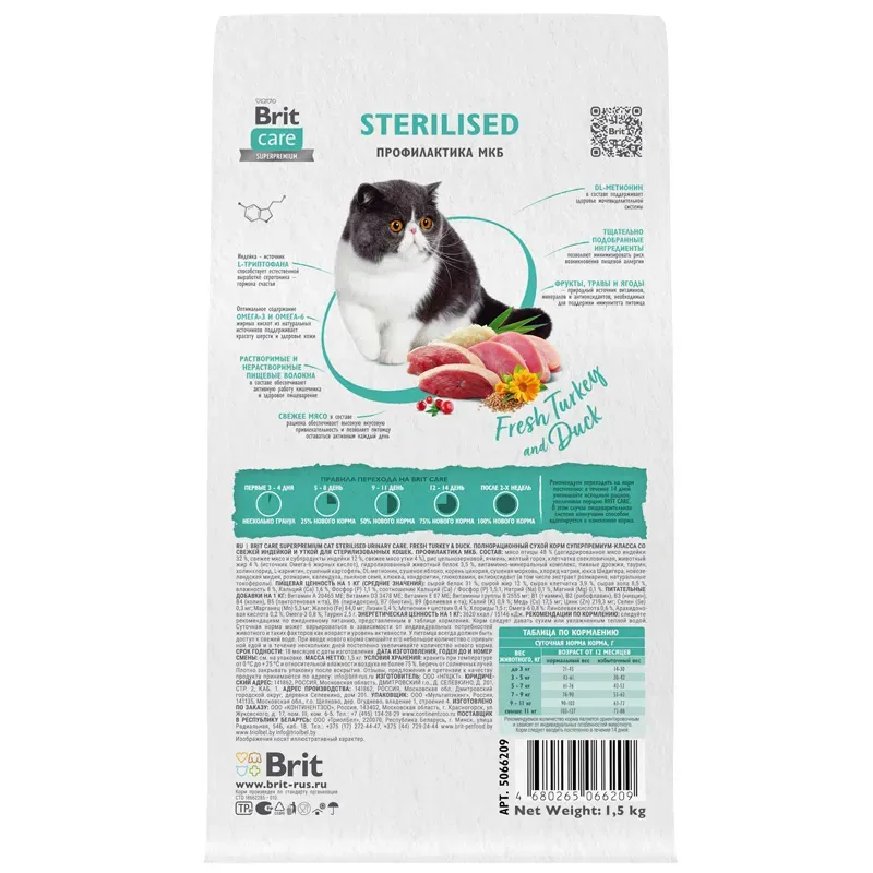 Корм Brit Care Cat Sterilised Urinary Care (Индейка, утка) для кошек