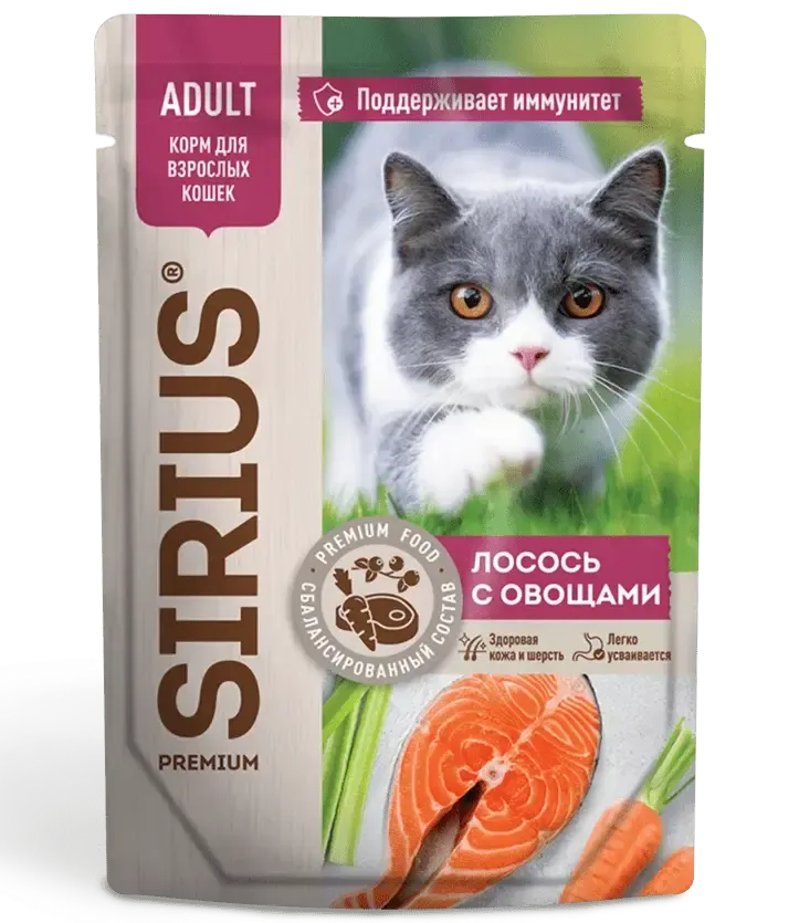 Sirius Консервы для кошек (Лосось с овощами в соусе), 85 г х 24 шт