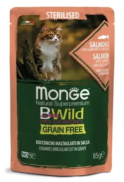 Monge Пауч BWild GF Sterilized Cat (Лосось, креветки, овощи), 85 г
