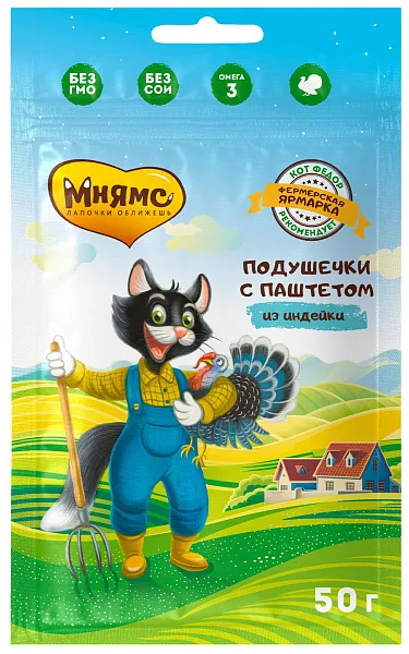 Мнямс Хрустящие подушечки с паштетом из индейки для кошек (Фермерская ярмарка), 50 г