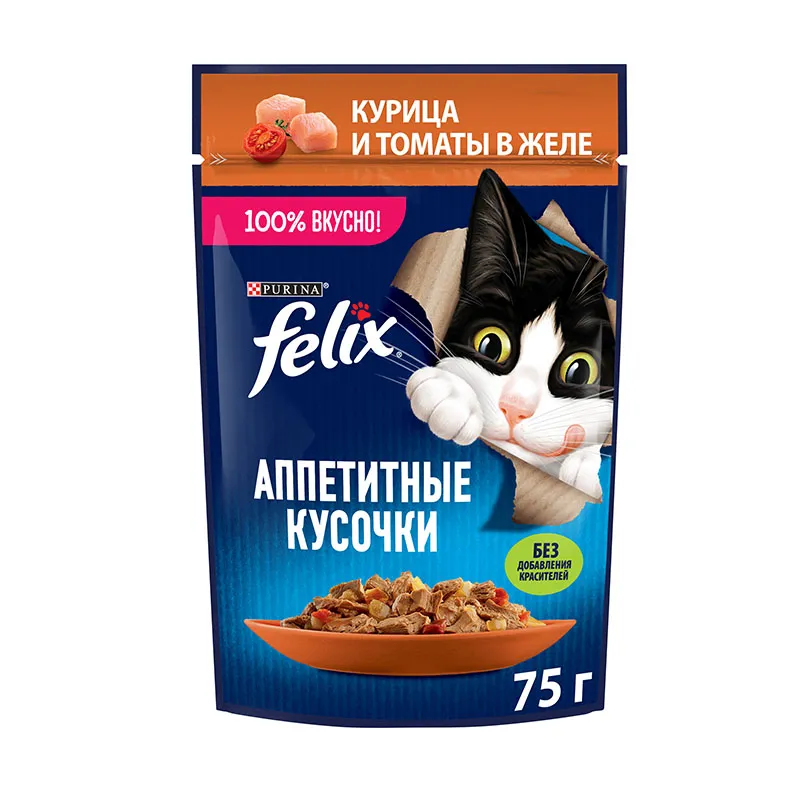Felix Аппетитные кусочки для кошек (Курица с томатами в желе), 75 г