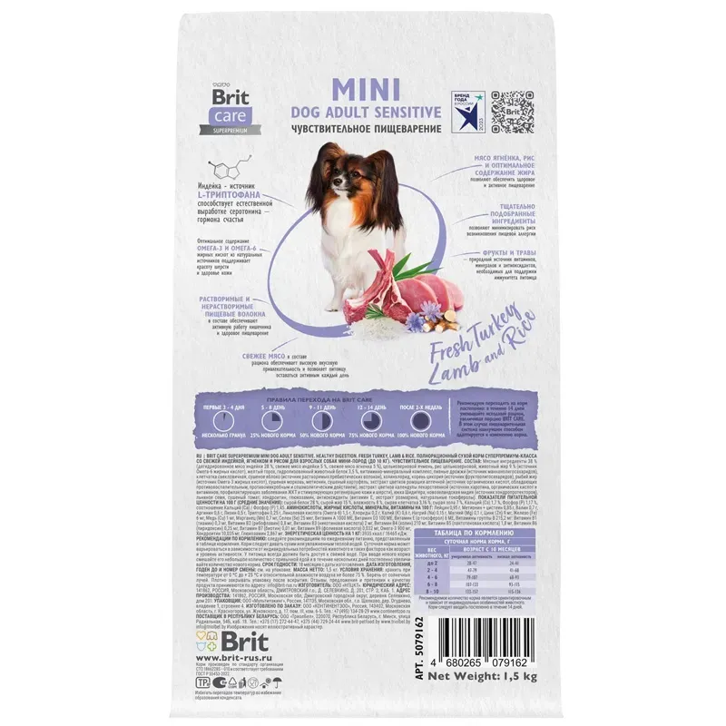 Корм Brit Care Adult Mini Sensitive Healthy Digestion (Индейка и ягненок) для собак