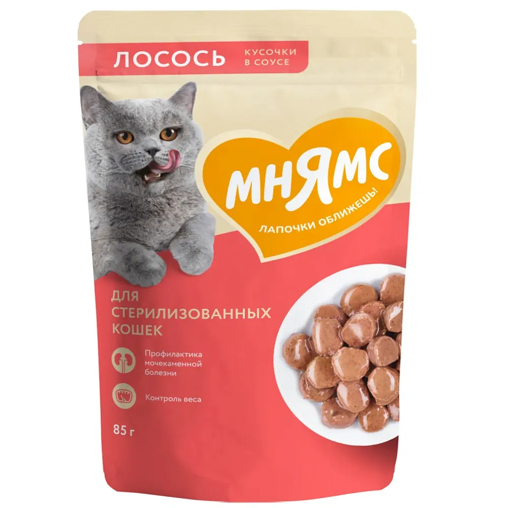 Мнямс для стерилизованных кошек Кусочки в соусе с лососем, 85 г