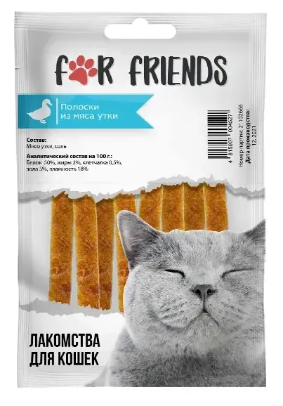 For Friends Лакомство для кошек Полоски из мяса утки