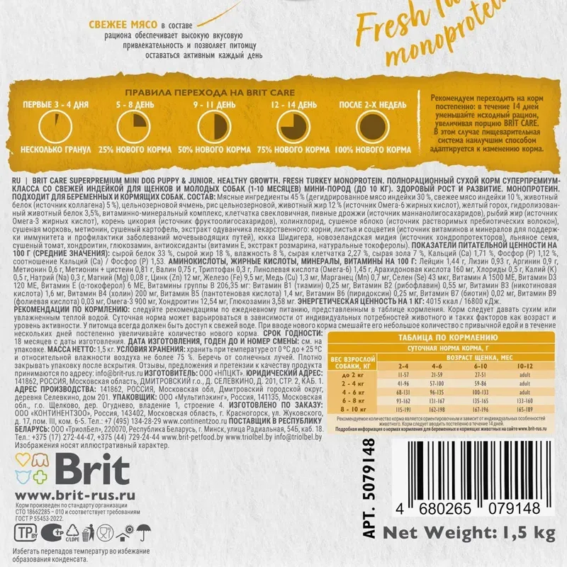 Brit Care Dog Puppy&Junior S Healthy Growth (Индейка)