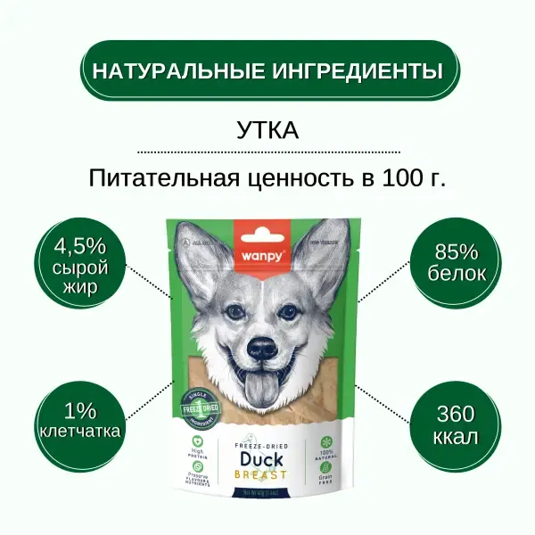 Wanpy Dog Сублимированное лакомство Утка