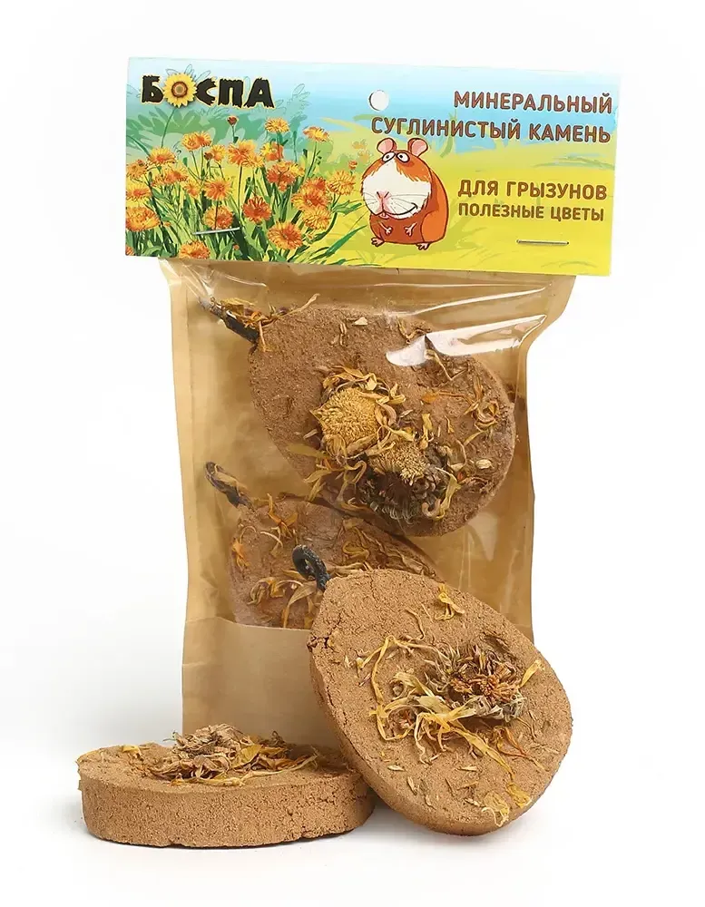 БОСПА ЭКО Минеральный суглинистый камень для грызунов Полезные цветы