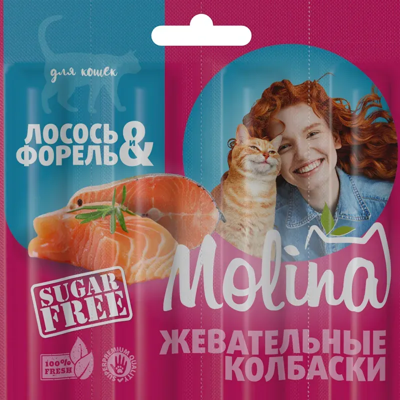 Molina Жевательные колбаски для кошек Лосось и форель