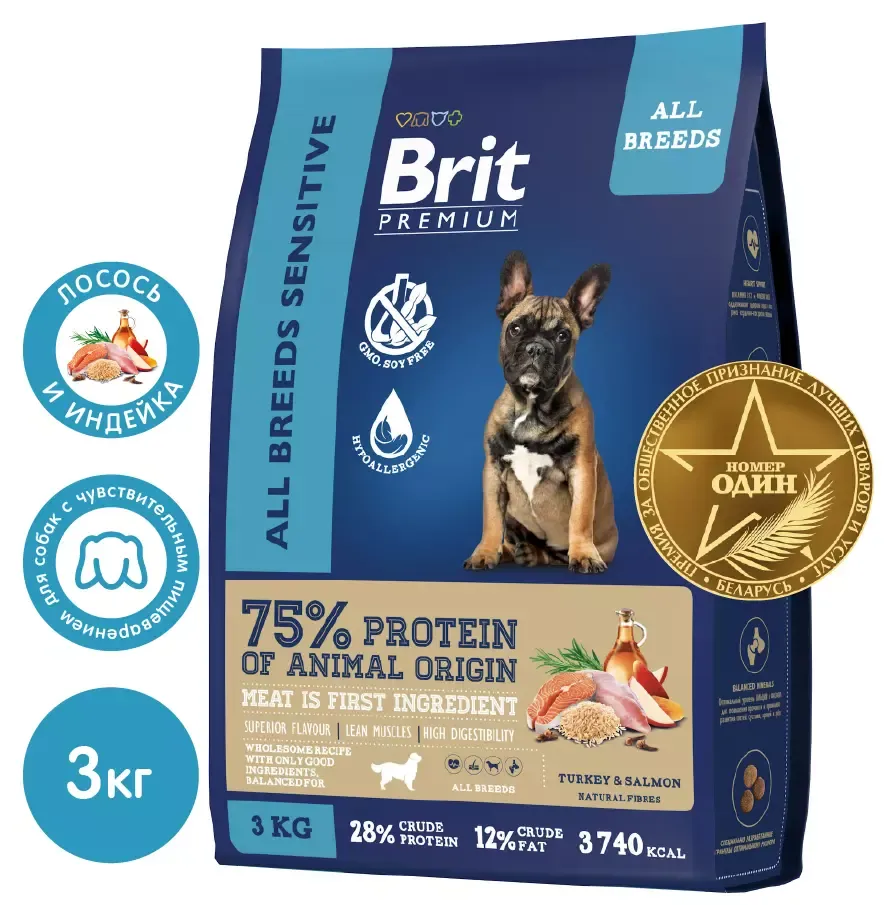 Корм Brit Premium Dog Sensitive Adult All Breeds (Индейка, лосось) для собак