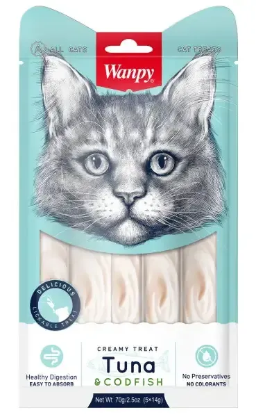 Wanpy Cat Нежное пюре из тунца и трески, 5 шт х14 г