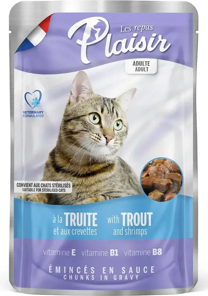 Plaisir Кусочки в соусе для кошек (Форель и креветка), 100 г