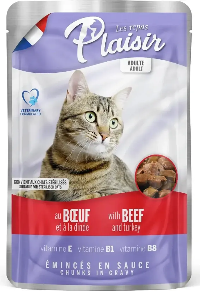 Plaisir Кусочки в соусе для кошек (Говядина и индейка), 100 г