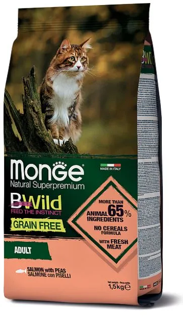 Корм Monge Cat Bwild Grain Free Adult (Лосось) для кошек, 1,5 кг 