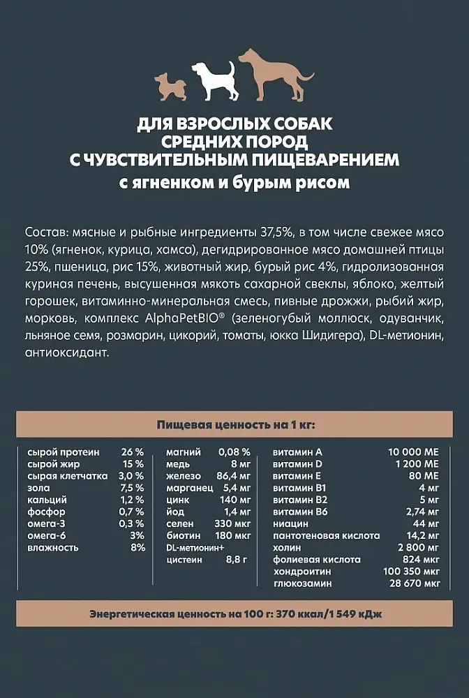 AlphaPet WOW Superpremium Dog Sensitive Medium Adult (Ягненок с бурым рисом)