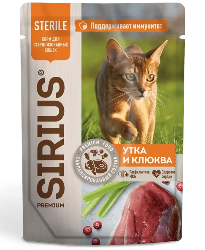 Sirius Консервы для кошек (Утка с клюквой в соусе), 85 г х 24 шт