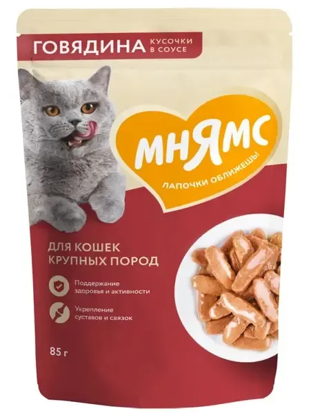 Мнямс для крупных кошек Кусочки в соусе с говядиной, 85 г