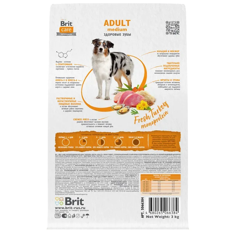 Корм Brit Care Dog Adult Medium Dental Health (Индейка) для собак
