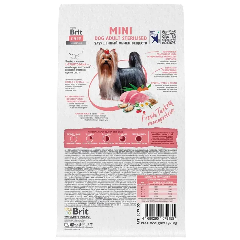 Корм Brit Care Adult Mini Sterilised Metabolic (Индейка) для собак