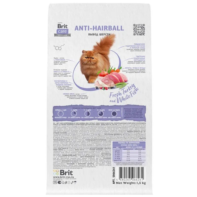 Корм Brit Care Cat Anti-Hairball (Белая рыба, индейка) для кошек
