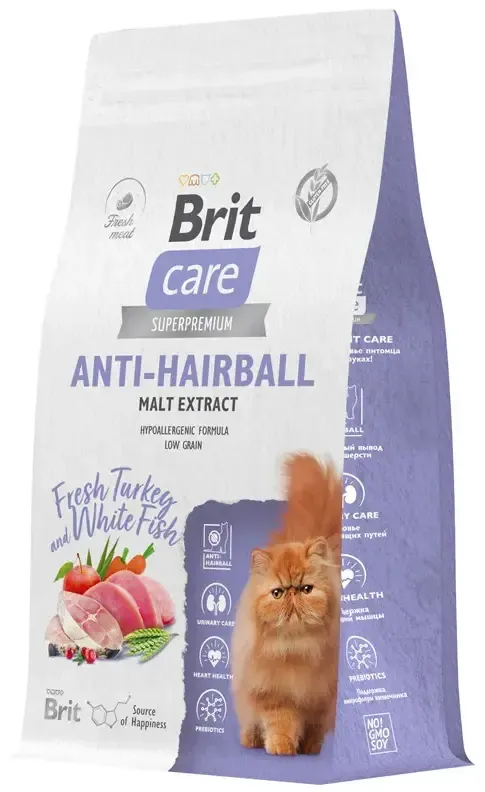 Корм Brit Care Cat Anti-Hairball (Белая рыба, индейка) для кошек