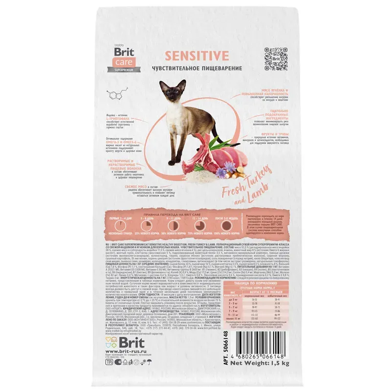 Корм Brit Care Cat Sensitive Healthy Digestion (Индейка, ягненок) для кошек