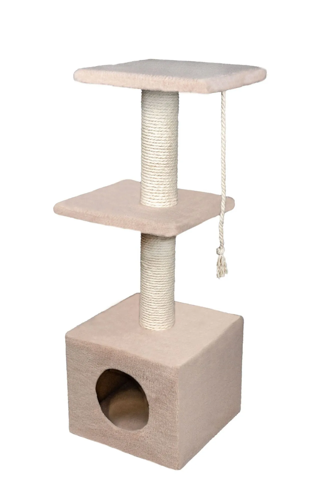 Cat House Когтеточка "Домик с 2-мя полками", 100 см, хлопок Бежевая